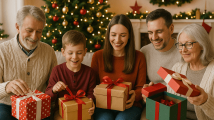 Семья распаковывает подарки