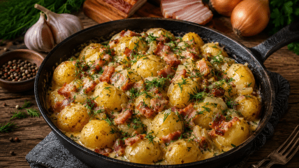Молодой картофель с беконом и сыром в сливках