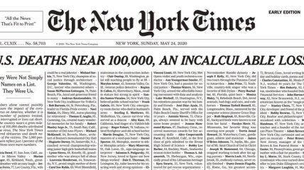New York Times відвела першу шпальту газети для імен жертв COVID-19 в США