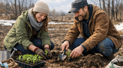 Чоловік і жінка на городі