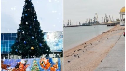 В Бердянске установили ту же елку, что и в прошлом году - с украшениями в цветах украинского флага