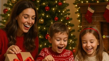 Семья распаковывает подарки