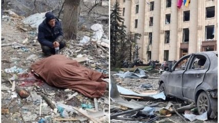 Последствия обстрела мирных кварталов Харькова