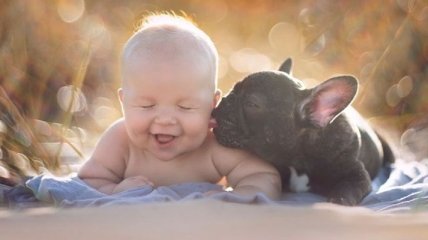 Дружба малыша и щенка, которые родились в один день