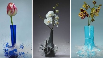 Разлетающиеся вдребезги живописные вазы с цветами (Фото)