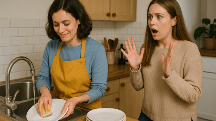 Жінка миє посуд у гостях в іншої жінки