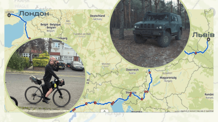 Илья решил вернуться в Украину из Британии на велосипеде и при этом помочь военным. Фотоколлаж "Телеграфа".
