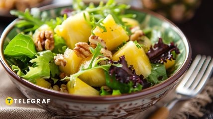 Салат с ананасами обладает насыщенным освежающим вкусом (изображение создано с помощью ИИ)