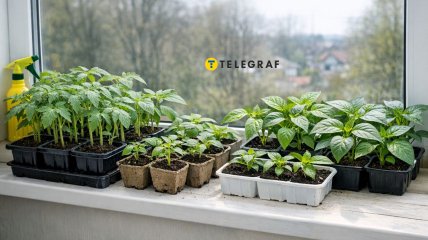 Рассада помидоров и перца на подоконнике