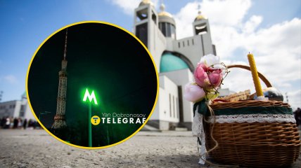 Одна из станций метро Киева, пасхальная корзина