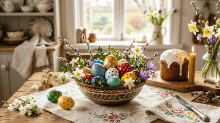 Красивый пасхальный стол с крашенками