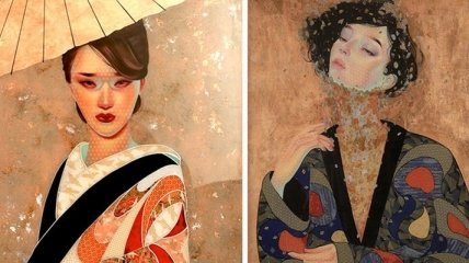 Девушка создает японские женские портреты с помощью золота и серебра (Фото)