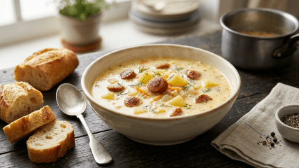 Сырный суп с французскими колбасками