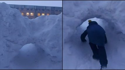 Короткий путь: в Норильске школьники проделали тоннель в гигантском сугробе (видео)