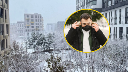 Зимний город, мужчина в маске