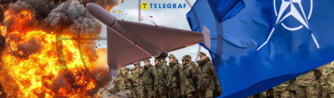 Взрыв, дрон и флаг Североатлантического союза