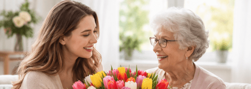 Дівчина дарує квіти бабусі