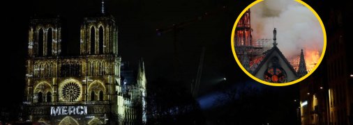 Собор Парижской Богоматери во время пожара и после реконструкции