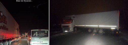 Колаж затору на Житомирщині та фури, що потрапила в ДТП