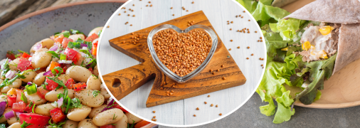 Гречка, рол з тунцем та салат з квасолі