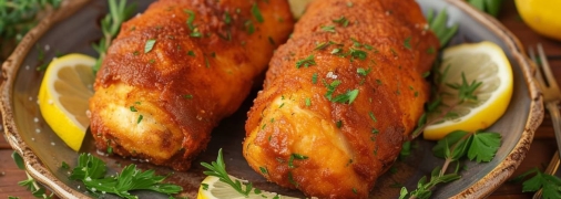 Золотиста паніровка приховує ніжне куряче філе з ароматною вершково-петрушковою начинкою (фото створене з допомогою ШІ)