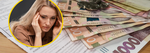 Женщина, гривны и квитанции об оплате коммуналки