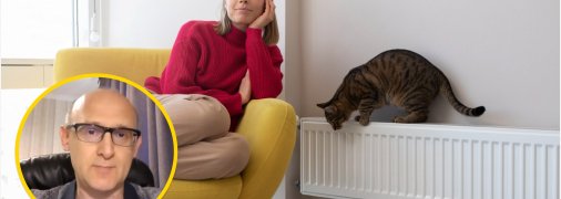 Девушка с кошкой возле батареи