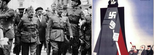 Франсіско Франко (на фото в центрі). На карикатурі зображено генералісимуса та його прибічників