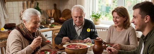 Сім’я за обідом із борщем