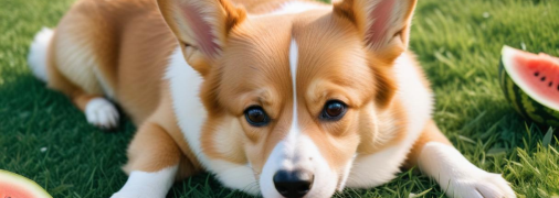 Корги защищает арбуз