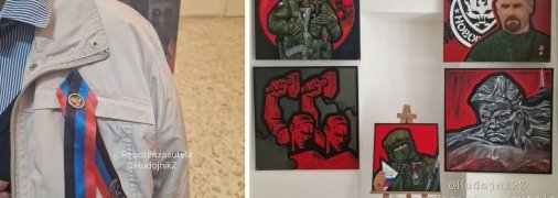 Кадри з виставки - гості з терористичними прапорами та відповідні картини