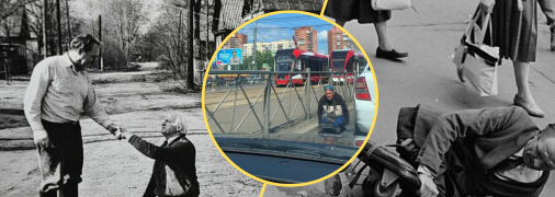 "Путинская Россия в одном кадре": безногий "десантник" попрошайничает на фоне плакатов о "гордости" за ВС РФ (фото)