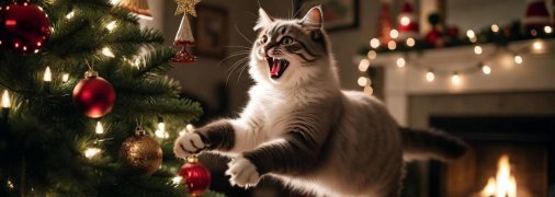 Котики очень любят яркую и блестящую новогоднюю елку в доме