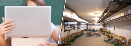 Не все укрытия в школах соответствуют высоким стандартам, поэтому иногда родители выбирают для своих детей обучение онлайн. Фотоколлаж "Телеграфа".