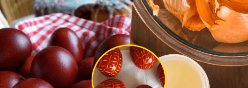 Во время окрашивания яиц можно поэкспериментировать с обычной овощной сеткой