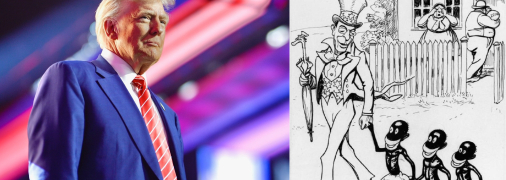 Дональд Трамп (Фото: facebook.com/DonaldTrump) та політична карикатура 1917 року: Дядько Сем забирає трьох діточок (острови колишньої Данської Вест-Індії) у батьків-данців, які отримали 25 млн доларів золотом