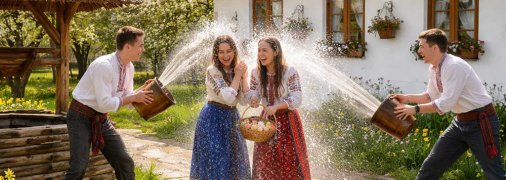 Хлопці поливають дівчат водою