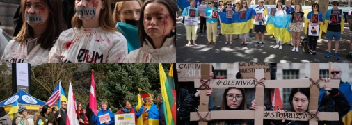 Украинцы вышли на улицы разных городов в 11 странах, чтобы напомнить о казни военнопленных в Еленовке. Фотоколлаж "Телеграфа".