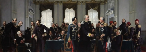 Берлінський конгрес, 13 липня 1878 року.  Художник Антон фон Вернер, 1881 рік. На передньому плані стоять: представник Австро-Угорщини Дьюла Андраші, канцлер Німеччини Отто фон Бісмарк і представник Росії Петро Шувалов