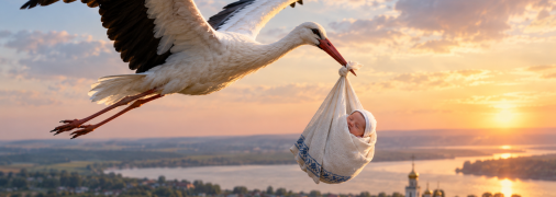 Аист несет ребенка