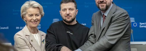 Глава Єврокомісії Урсула фон дер Ляйєн, президент України Володимир Зеленський, президент Євроради Шарль Мішель