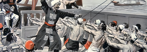 Ми бачимо реконструкцію давньогрецької трирреми - військового корабля з рядами весел, які приводять у дію раби-веслярі.