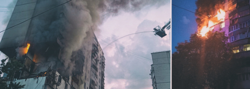 Пожар приходится тушить из строительных кранов