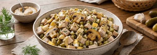 Салат с курицей, шампиньонами и солеными огурцами.