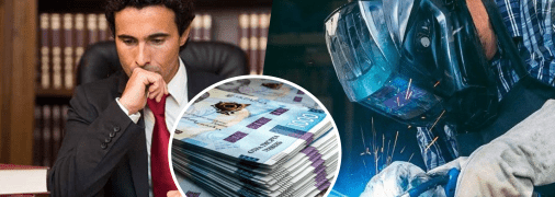 Чоловік за столом, гроші та зварювальник