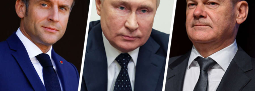 Эммануэль Макрон, владимир путин, Олаф Шольц
