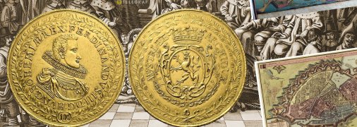 Донативная золотая монета 100 дукатов 1629 года. Вес монеты – 349 грамм, диаметр – 74 мм