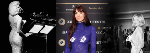 Мэрилин Монро, Дакота Джонсон и Сидни Суини в "голых" платьях