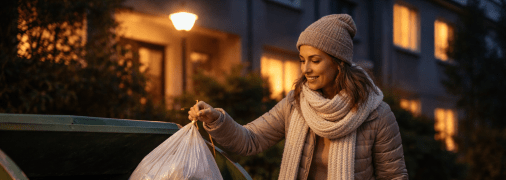 Женщина выбрасывает мусор