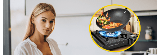 Дівчина на кухні та портативна газова плитка